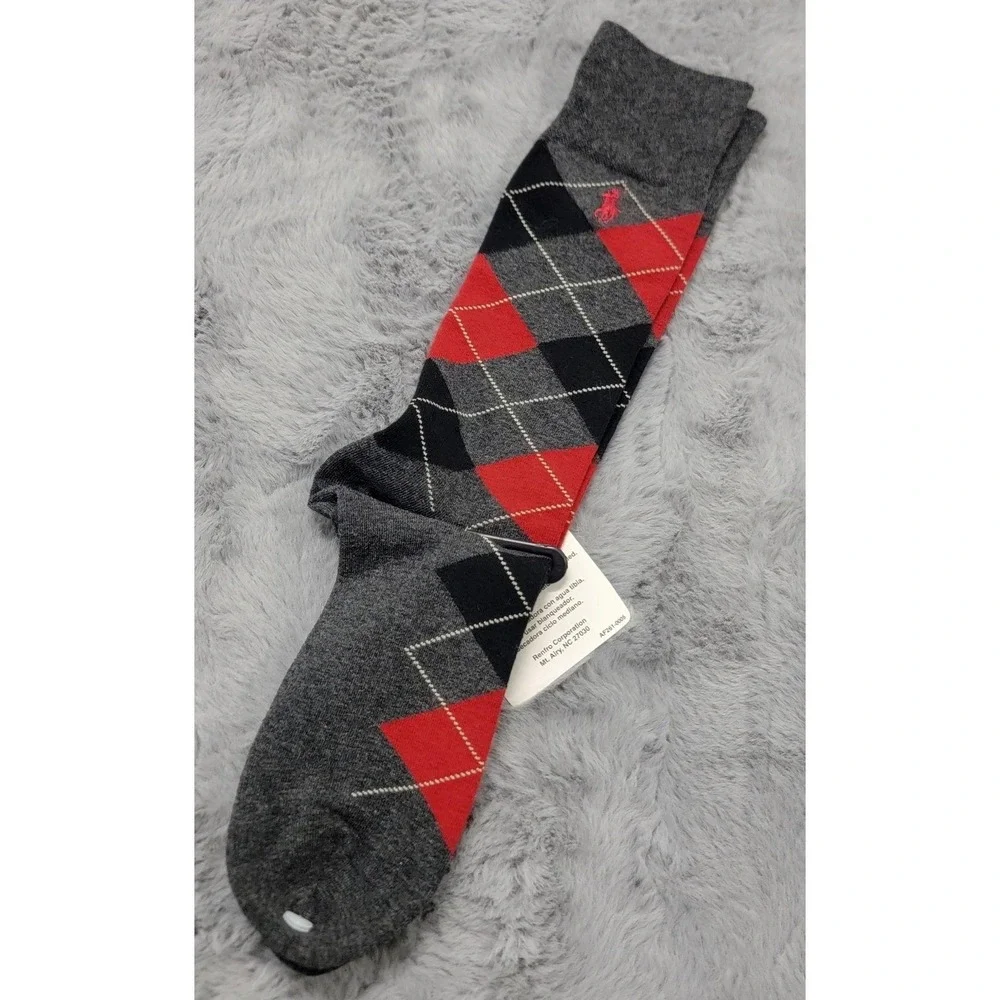 Polo Ralph Lauren Socks Mens 10-13 Gray Argyle Diamond Pony Dress Mid Calf
